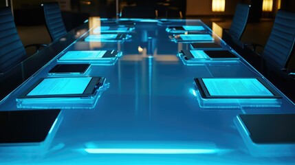 Glass table set up for business collaboration with modern tablets, notes, and infographic presentations