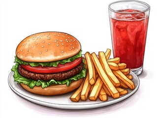 A hand-drawn rustic burger and fries create a culinary delight in a cozy diner setting