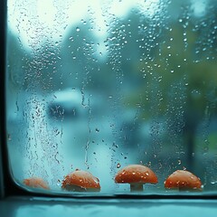 Three small mushrooms sit behind a rain covered window