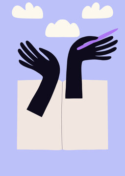 Hand graphic with floating clouds illustration