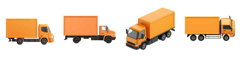 A fleet of orange delivery trucks in various sizes. long_title:A collection of different sized orange cargo trucks and delivery vans, depicting a