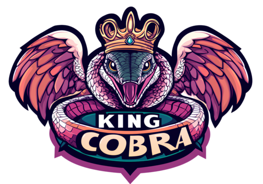 Mascot logo design, cartoon animal character, cobra head with crown and wings, text "KING COBRA" in the middle of the emblem, vector graphic on a transparent background