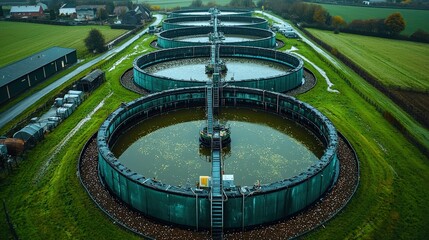 A panoramic aerial view of a Czech Republic biogas plant, a testament to the convergence of renewable energy and modern agriculture, showcasing vibrant green fields interspersed with sleek, 