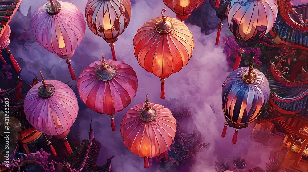 Aufkleber captivating view of lanterns beautifully hanging from the sky illuminating the night with a soft lig