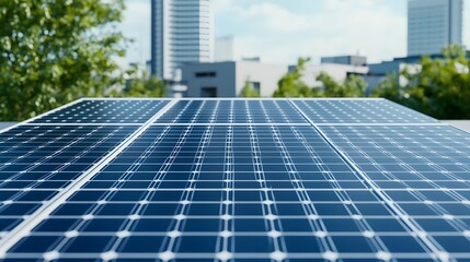 Fototapeta premium Futuristic Solar Energy Farm Integrated into Urban Skyline Representing Clean and Renewable Power