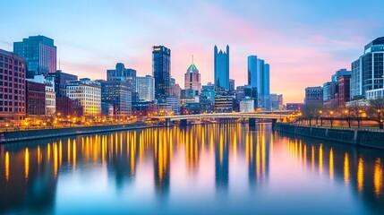 Fototapeta premium Captivating Cityscape Panorama of Modern and Historic Architecture by Tranquil River at Twilight