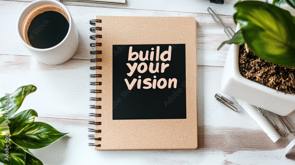 Fototapete notepad with startup milestones and motivational phrase build your vision in bold text