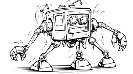 Detailed freehand drawn cartoon of a broken robot in a car, Stock Vector illustration