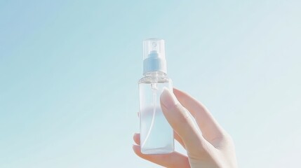 A hand is holding a transparent spray bottle against a blue sky