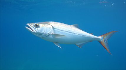 Fototapeta premium Silver Atlantic herring fish swimming in clear sea water Generative AI