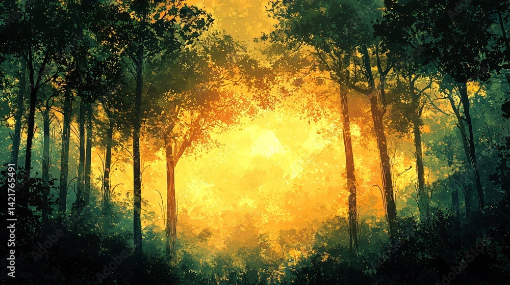 Poster a beautiful forest scene with tall trees and golden sunlight shining through the canopies creating a