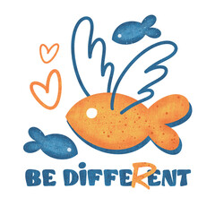 T-shirt print with cute strange flying fish and lettering Be different