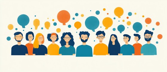 Fototapeta premium marketing research focus group in flat design, people in a discussion about business promotion, analyzing buyer feedback and strategies in a clean, webfriendly illustration