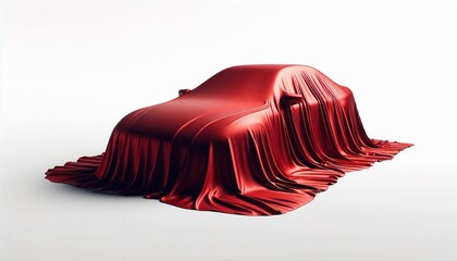 Covered car under red cloth, smooth fabric drape, isolated on white background.concept of vehicle reveal or car  launch