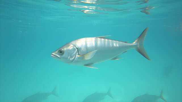 Silver Atlantic herring fish swimming in clear sea water Generative AI