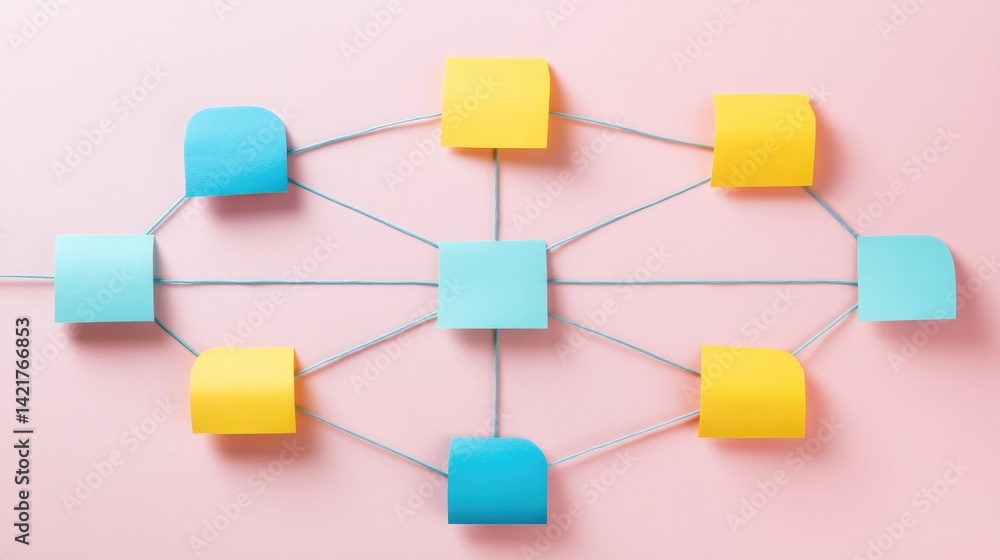 Poster post-it note flowchart forming a timeline of a collaborative project on a light-colored wall