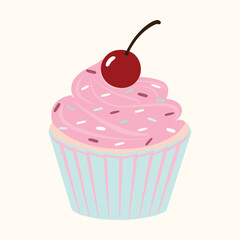 cupcake with pink icing and cherry vector illustration