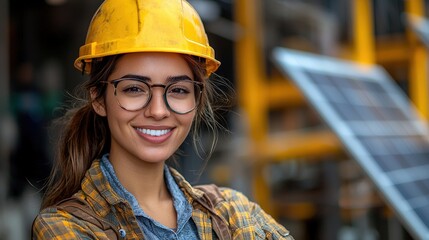 A vibrant Latina engineer woman, her hair pulled back in a sleek ponytail, confidently stands before a solar panel installation in a sunny field, a symbol of innovation and progress, with copy 