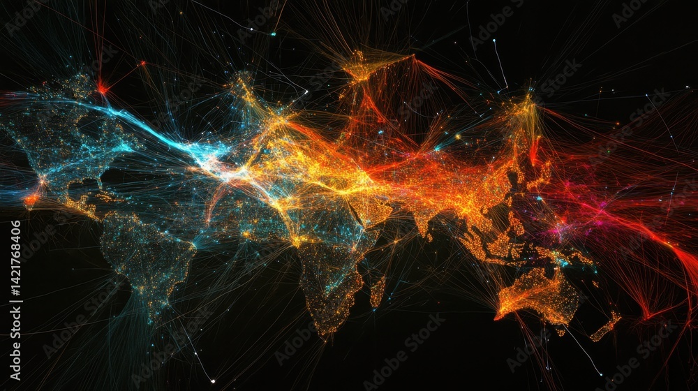 Poster abstract network nodes connecting continents with financial and trade indicators