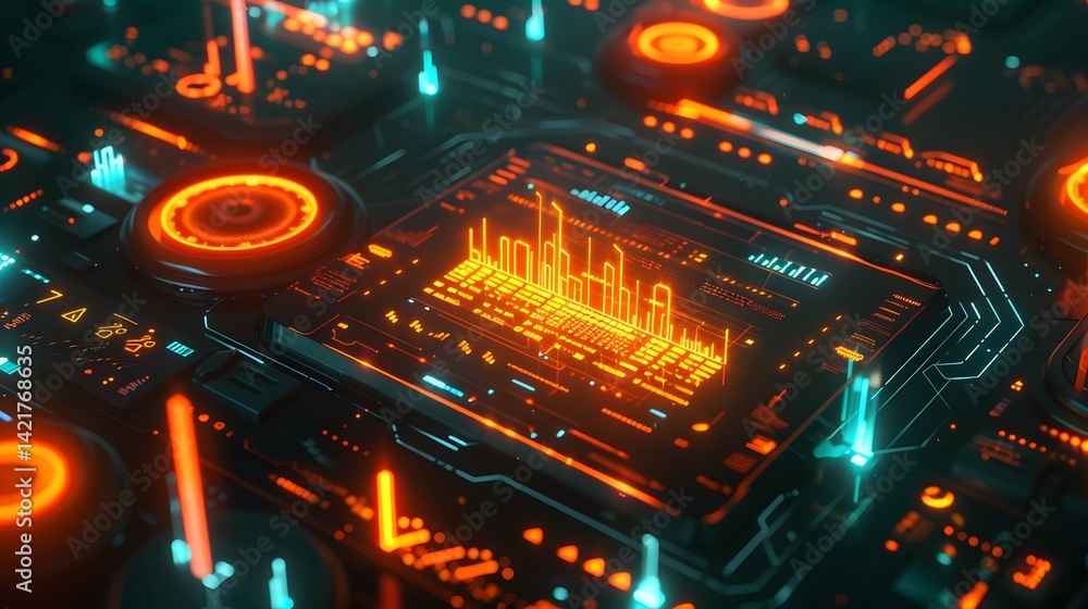 Poster cybernetic vista: a vivid, futuristic visualization of a circuit board glows with intricate patterns