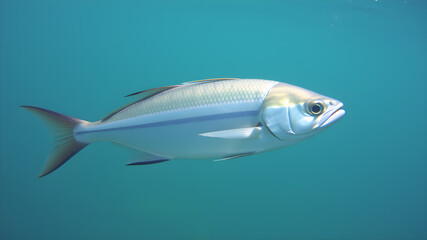Fototapeta premium Silver Atlantic herring fish swimming in clear sea water Generative AI