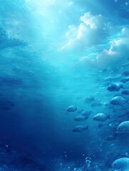 Fototapeta premium School of Fish Underwater with Sun Rays and Clouds