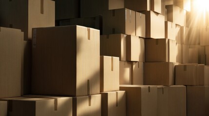 Stacked cardboard boxes in a dimly lit warehouse with sunlight streaming through