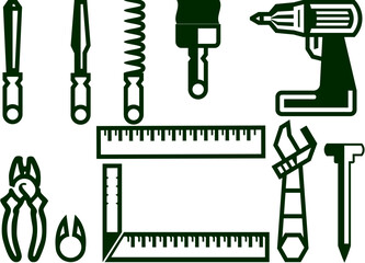 Vector Icons of Hand Tools for Construction, Repair, and Workshop Use,Set of vector icons of carpentry tools such as screwdrivers, drills, pliers, rulers and wrenches for construction, workshop