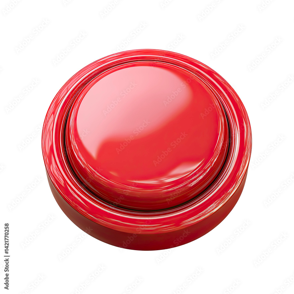 Poster Shiny Red Push Button 3D Render Isolated on Transparent Background