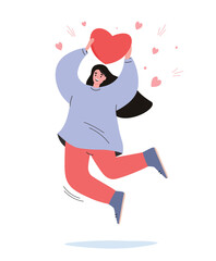 Active girl jumping, positive mood, holding heart over head. Symbol of love, opening to the world and people, mental health. Vector flat graphics.