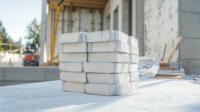 Stack of white silicate bricks at construction site on sunny day