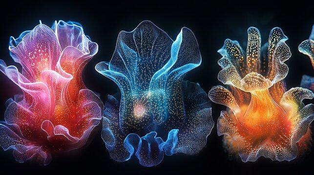 Series of organic blobs resembling microscopic creatures, bio-luminescent textures in rich oceanic tones