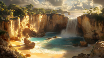 Golden Hour Waterfall on Tropical Beach