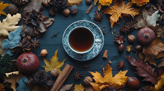Cozy Autumn Vibes - Flat Lay of Warm Spices and Tea for Seasonal Relaxation