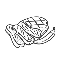 Grilled meat steak cut into slices and chili serve line icon. Outline hand drawn sketch of sliced beefsteak to eat. BBQ party, grill food menu mascot, serving barbecue steak icon vector illustration