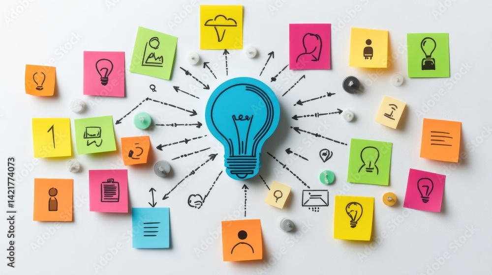 Poster strategy mind map highlighting path to success with icons and post-it notes