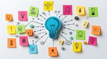 Strategy mind map highlighting path to success with icons and post-it notes