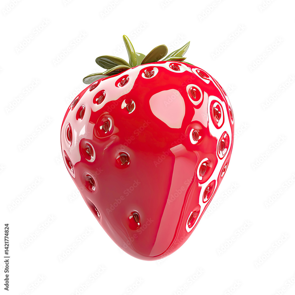 Poster glossy red strawberry 3d render isolated on transparent background