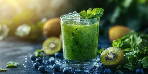 Refreshing green smoothie made with fresh ingredients in a vibrant kitchen setting