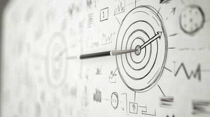 Whiteboard filled with business goals, KPIs, and directional arrows forming a strategic roadmap