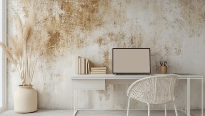 Minimalist workspace with a neutral color palette and natural elements. A modern desk setup featuring a laptop computer, books, and decorative pampas grass