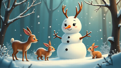 A charming snowman with antlers, befriending adorable deer and bunnies in a whimsical winter forest scene, bathed in soft, gentle light.
