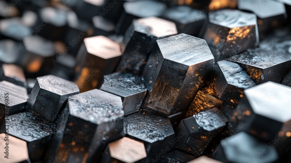 Poster abstract geometric shapes, dark gray and light gold, interconnected hexagons and cubes, creating a c