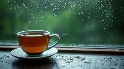Obraz premium A cup of tea on a windowsill, with raindrops trickling down the glass