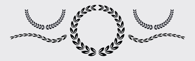 Vector laurel wreath isolated,  black silhouette circular laurel foliate, wheat and oak wreaths depicting an award, laurel wreath vector on white background