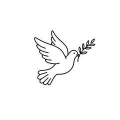 Fototapeta premium Dove carrying olive branch icon in black line art style for peace and hope concepts