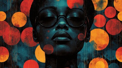 Abstract portrait of a woman with colorful circles and sunglasses