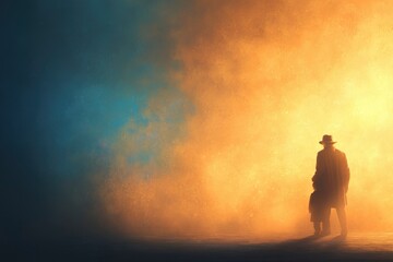 Fototapeta premium Person with Coat and Hat Walking in Fog