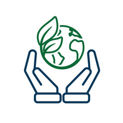 sustainable icon. earth and plant vector in hand. reuse, recycle, net zero, green energy, eco-friendly concept. Line design style