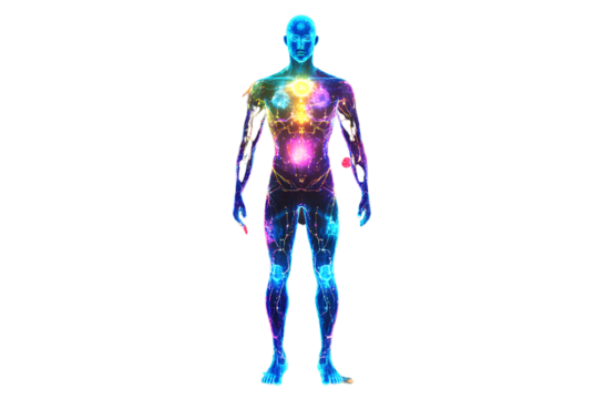  Full-body hologram of an adult male figure with glowing blue skin  on a transparent background png